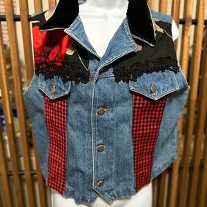 Watch LA Velvet Collar Denim Vest Floral Red Black Gingham Accents